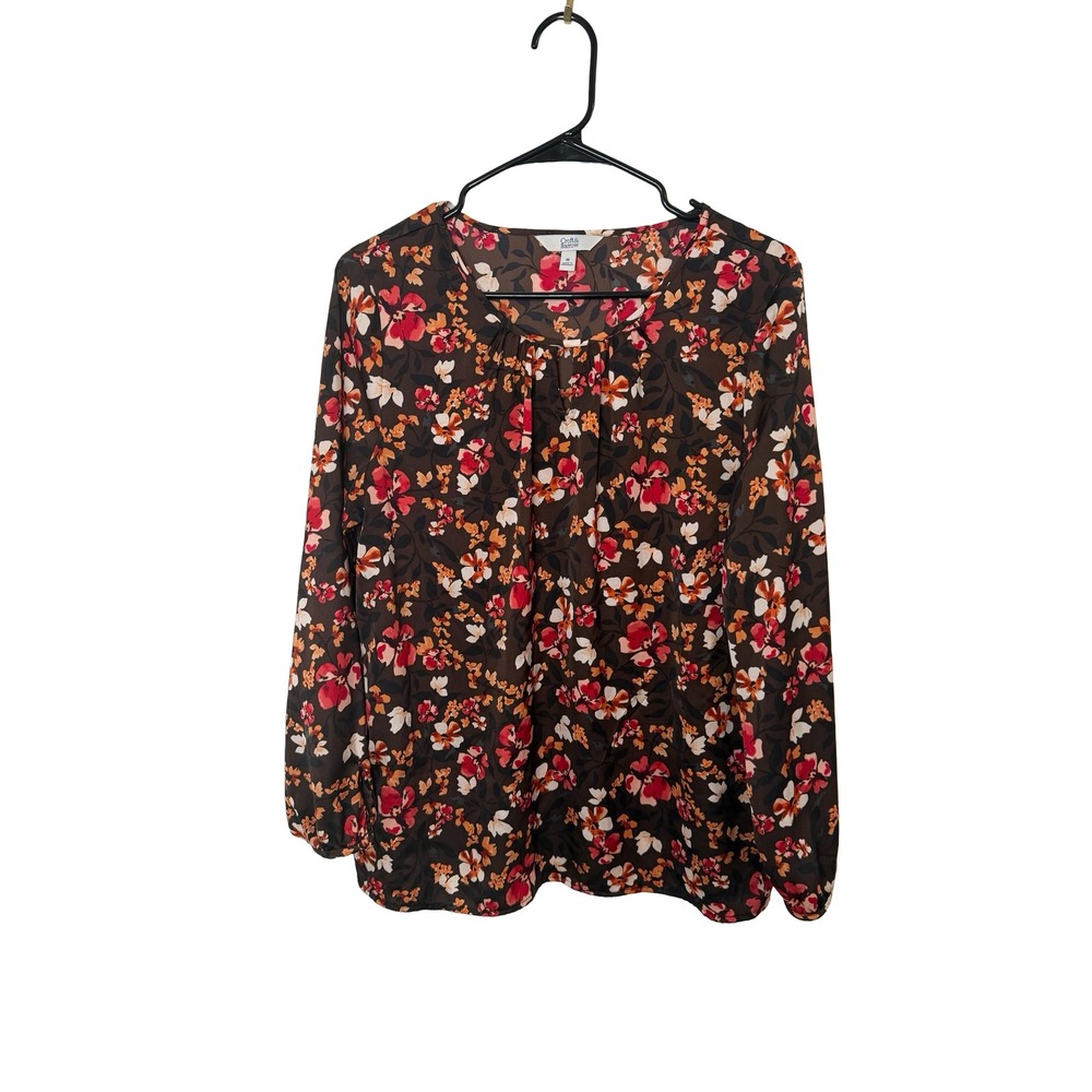 Croft & Barrow Womens Brown Floral Split Neck Long Sleeve Blouse Size M